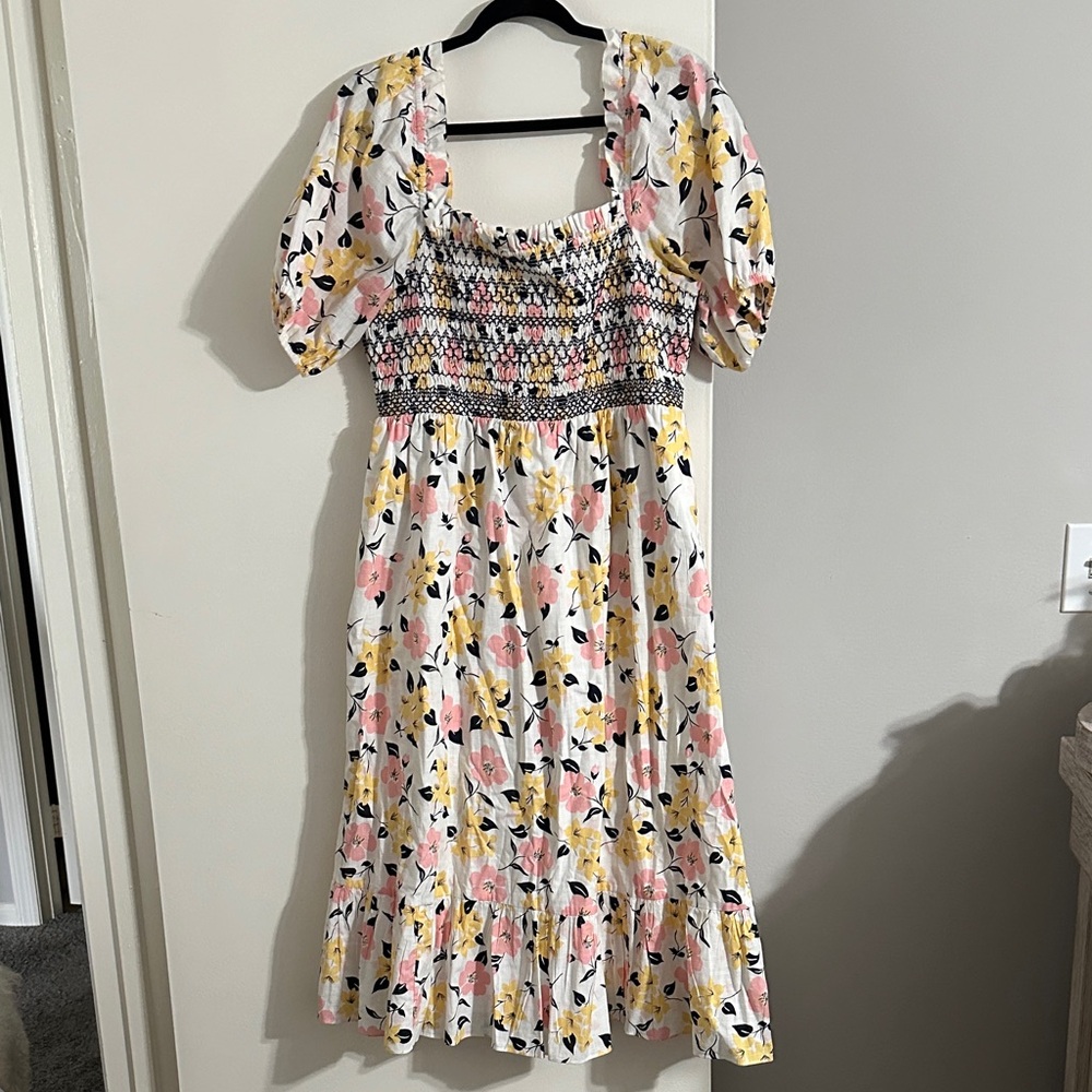 kate spade White Floral Smocked Midi Dress with Pink & Yellow